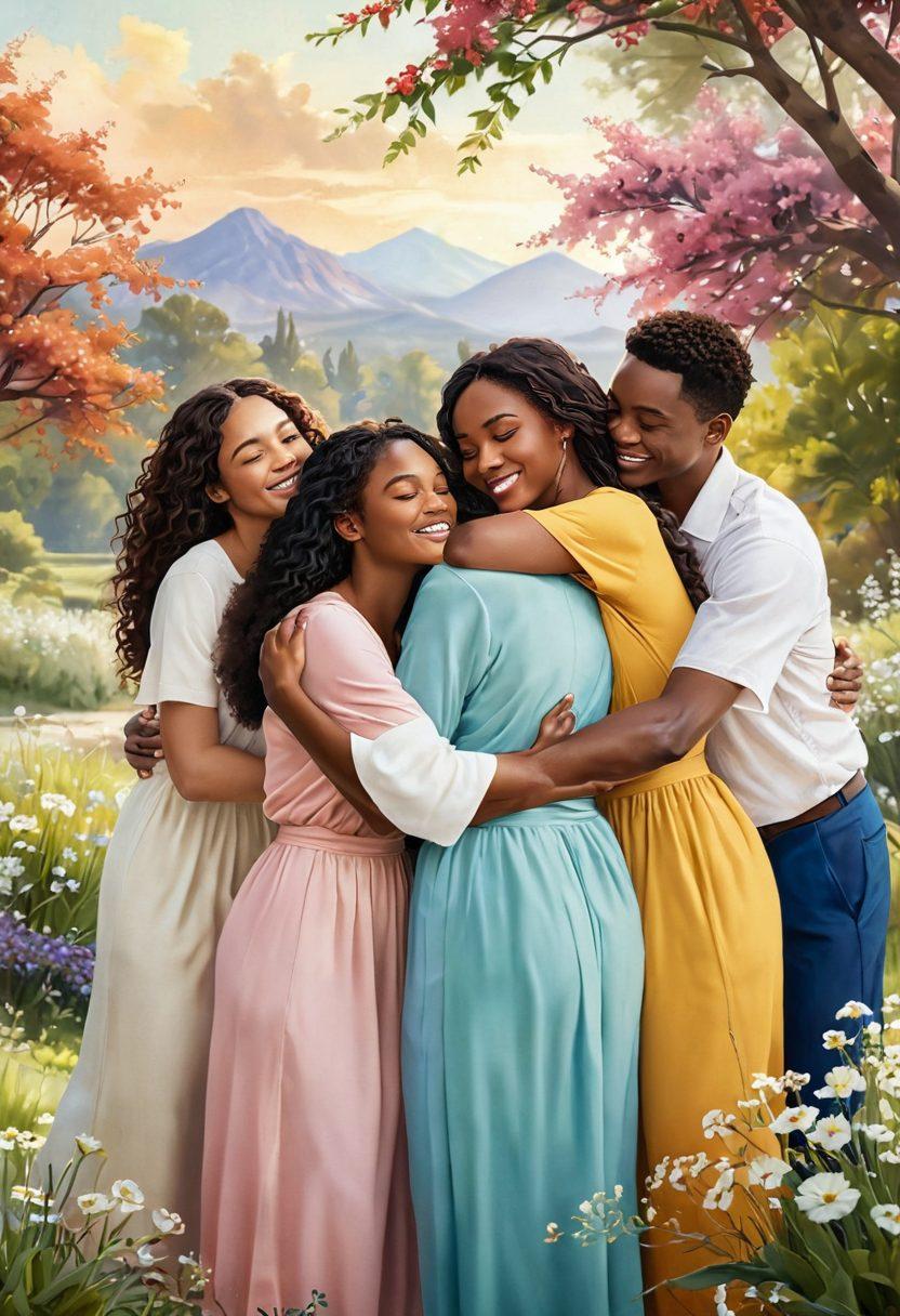 A serene scene depicting a diverse group of people sharing acts of kindness, such as hugging, helping each other, and exchanging warm smiles. Soft, natural light illuminates the scene, symbolizing faith and empowerment. In the background, gentle landscapes and blooming flowers represent growth and tranquility. The color palette is warm and inviting, evoking feelings of love and connection. super-realistic. vibrant colors. peaceful atmosphere.