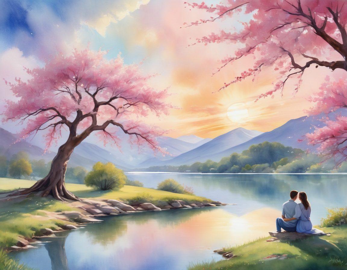 An ethereal landscape depicting two figures engaging in a warm embrace under a blooming cherry blossom tree, surrounded by soft rays of sunlight filtering through fluffy clouds. The backdrop features rolling hills and a serene lake, symbolizing personal growth and nurturing spirit. Elements of heart-shaped leaves gently floating in the air, representing compassionate relationships and empowerment through faith. watercolor style. vibrant colors. serene ambiance.